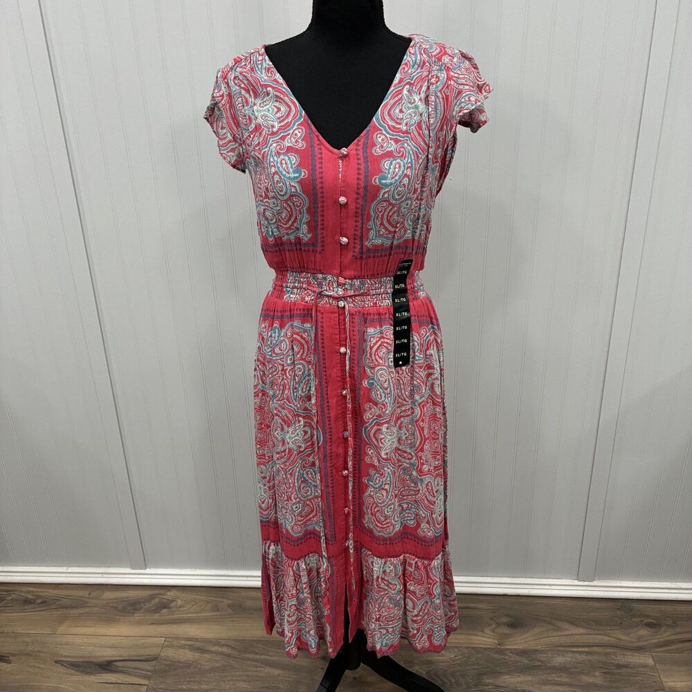NWT Lucky Brand Womens XL Pink/Blue Paisley Smocked Waist Maxi Dress Casual Boho